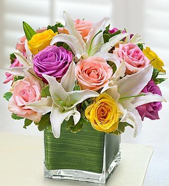 Modern Embrace™ Pastel Rose and Lily Cube Flower Bouquet