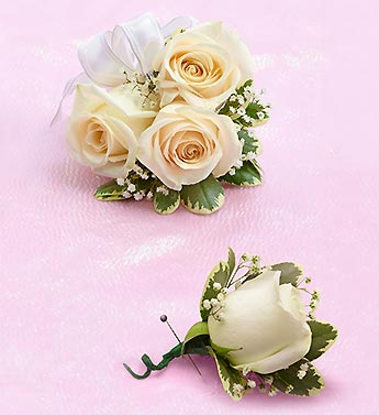 PICK-UP Small Rose Corsage & Boutonniere-CHOOSE COLOR! Also design will be DESIGNERS CHOICE Flower Bouquet
