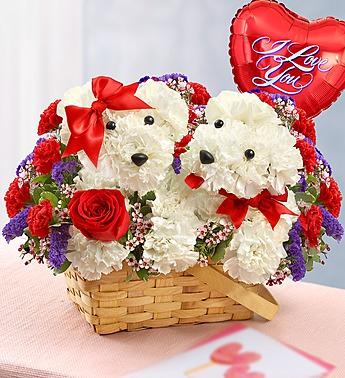 Lucky in Love - Two Dog Flower Basket Flower Bouquet