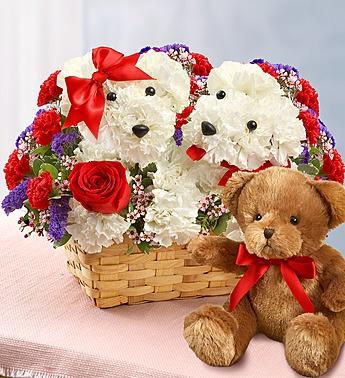 Lucky in Love - Two Dog Flower Basket Flower Bouquet