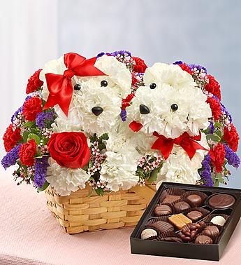 Lucky in Love - Two Dog Flower Basket Flower Bouquet