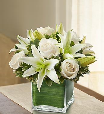 Modern Embrace White Rose and Lily Cube Flower Bouquet