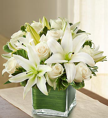 Modern Embrace White Rose and Lily Cube Flower Bouquet