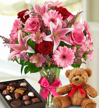 Valentine Surprise Bear And Chocolate Flower Bouquet