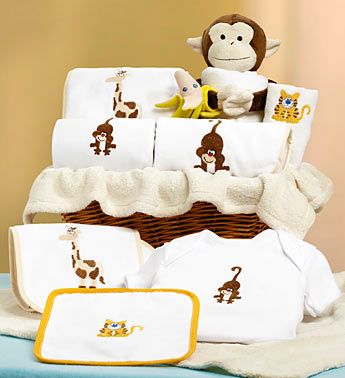 Jungle Friends New Baby Boy or Girl Gift Basket