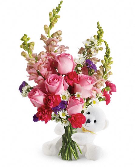 Bear Hug Bear with Pink Roses Flower Bouquet