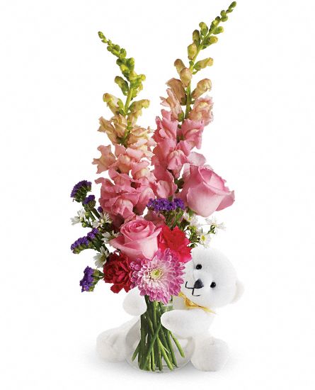 Bear Hug Bear with Pink Roses Flower Bouquet