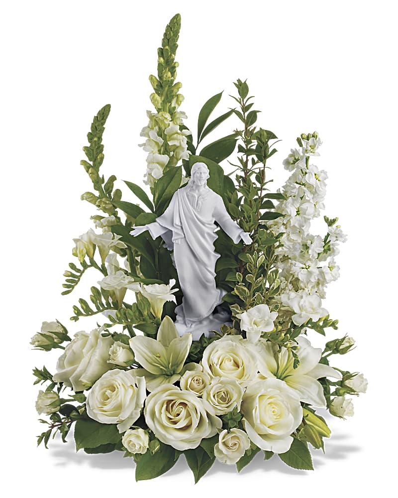 Garden of Serenity - White Funeral Flowers w/ Porcelain Jesus Statue Flower Bouquet