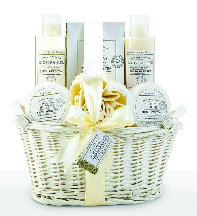 Lovely White Fresh Herb Tea Spa Gift Basket 